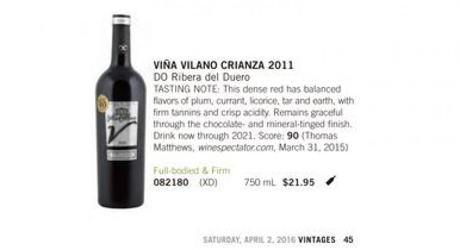 La revista canadiense ‘Vintages’ incluye el Viña Vilano Crianza entre los 100 mejores vinos y licores del mundo