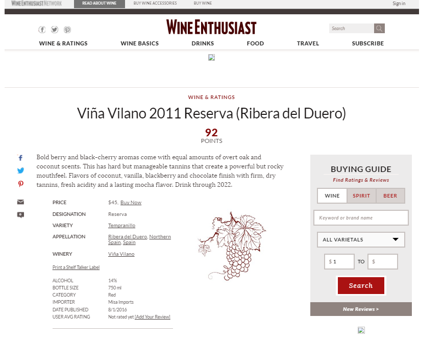 La revista norteamericana ‘Wine Enthusiast’ sitúa al Reserva Viña Vilano 2011, con 92 puntos, entre los mejores vinos del año