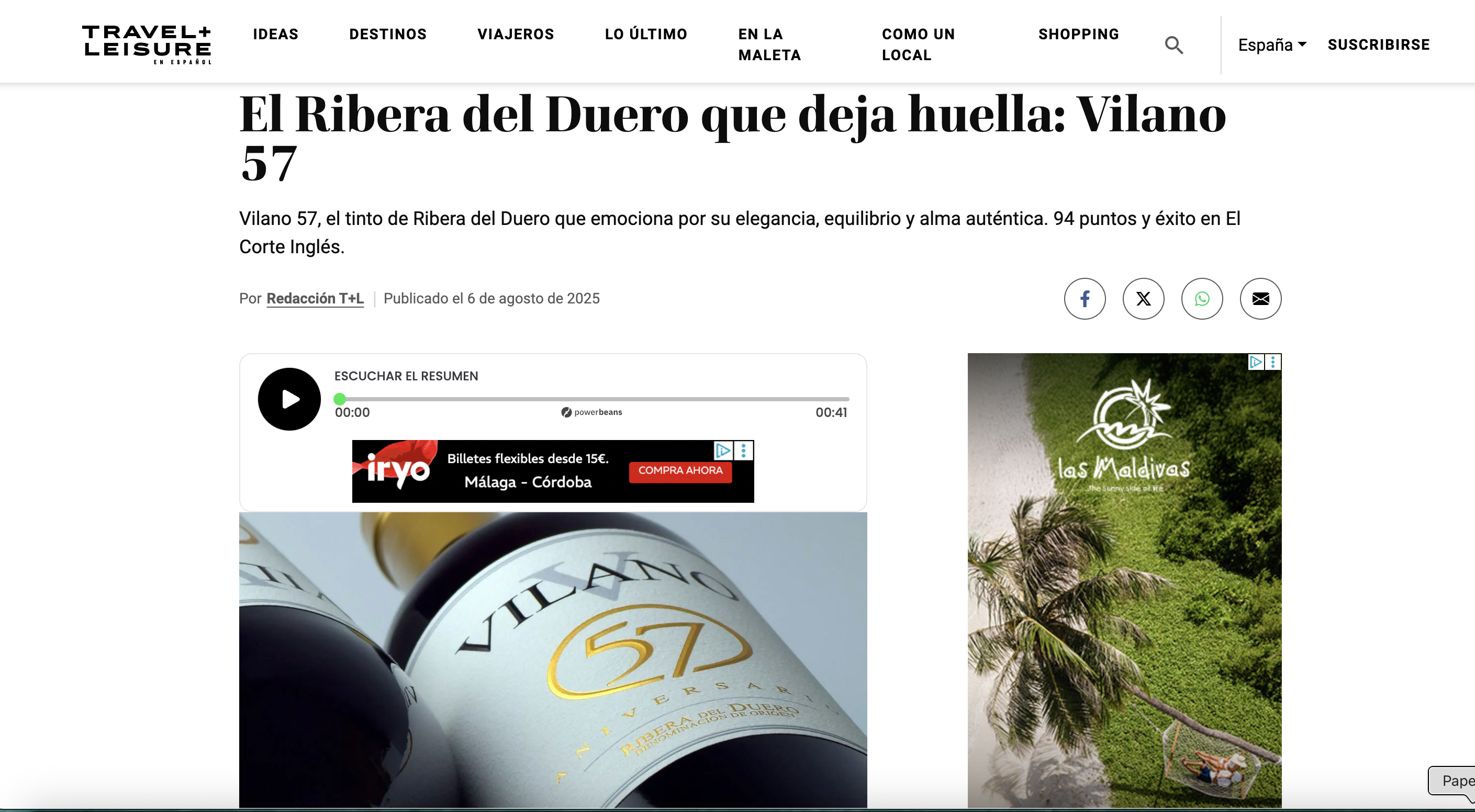TRAVEL + LEISURE dice que Vilano 57 deja huella